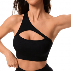 Women's Black Push-Up Padded One Shoulder Sports Bra - Yoga Crop Top